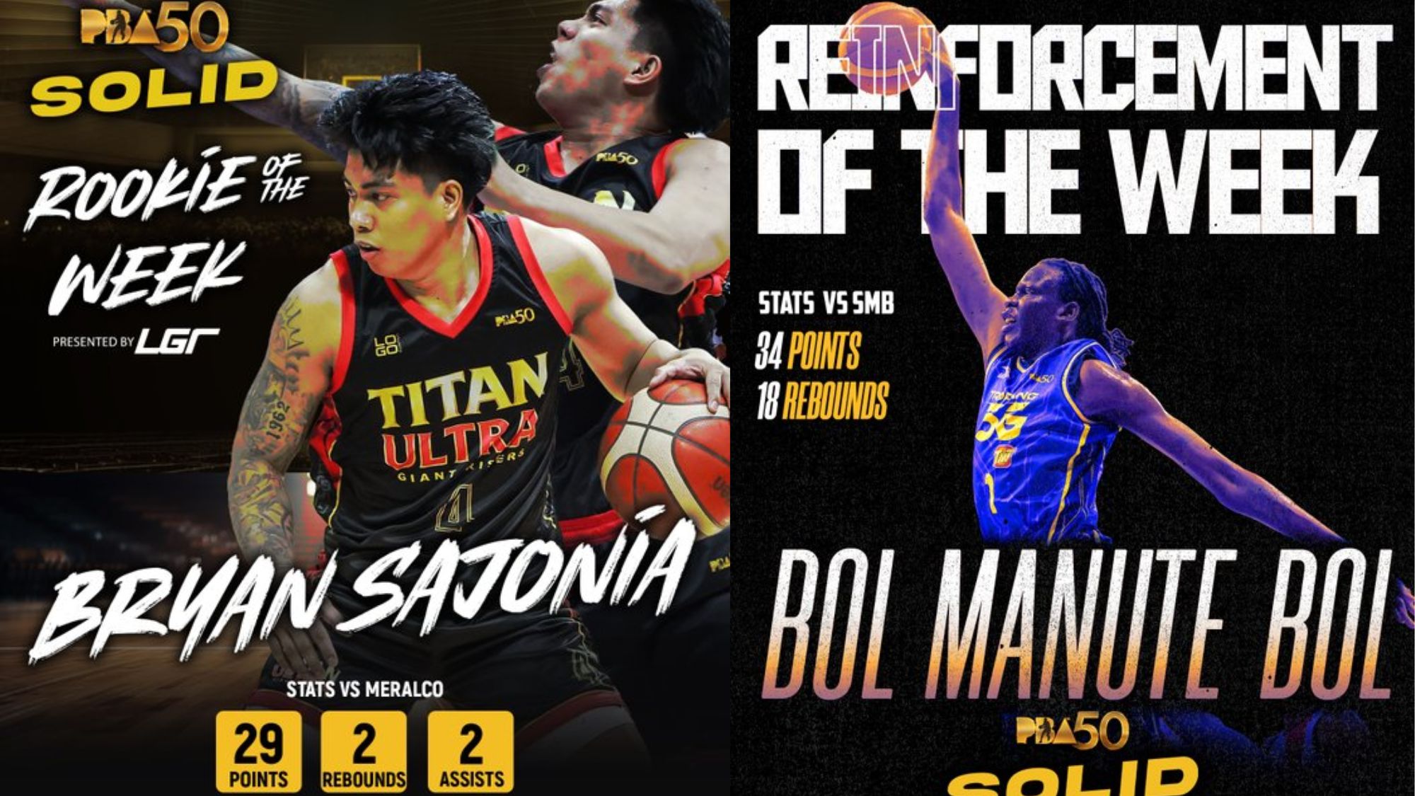 Bryan Sajonia, Bol Bol bag PBA Rookie and Reinforcement of the Week honors